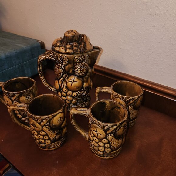 Tea Pitcher Set Embossed 3D Fruit and Daisies Setting for 4 Made in Japan BOHO - Picture 5 of 13